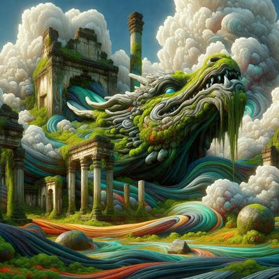 Primary subject: A dragon with a green head and a long neck, surrounded by a colorful landscape.

Setting/background: The dragon is in front of a castle, and there are clouds in the background.

Visual style: The image is a digital art piece.

Colors and mood: The colors are vibrant and lively, creating a cheerful and whimsical atmosphere.